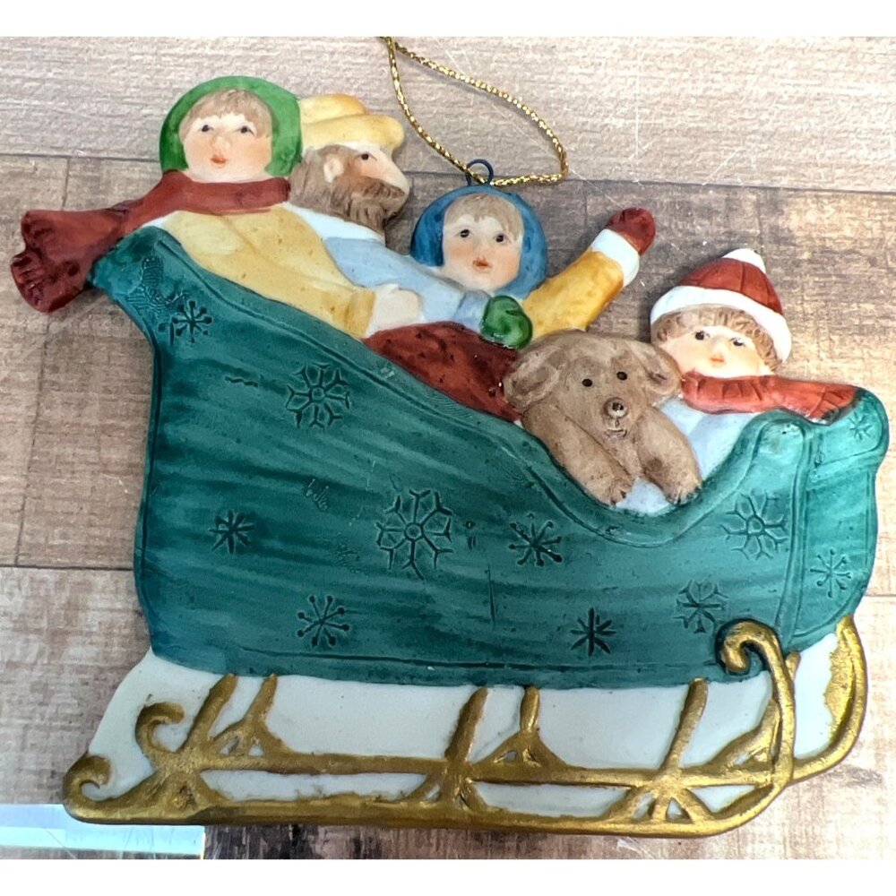 Vintage Christmas Sleigh Ceramic Ornament With Children & Dog  Holiday